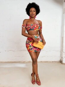 Sylvia Mollie Designer Boho Bohemian Women's Multicolor Spring Summer Colorful Floral Print Ruffled Cropped Bandeau Off Shoulder Top Holiday Party, Vacation, Going Out, Festival, Ibiza Fits