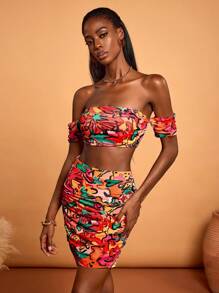 Sylvia Mollie Designer Boho Bohemian Women's Multicolor Spring Summer Colorful Floral Print Ruffled Cropped Bandeau Off Shoulder Top Holiday Party, Vacation, Going Out, Festival, Ibiza Fits