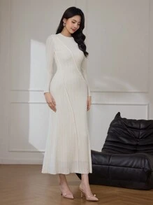 Modelyn Women's Elegant Solid Color Round Neck Long Sleeve Toothpick Striped Design Dress Long Evening Dresses