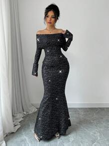 Chiquease 女士优雅亮片露肩领长袖紧身美人鱼下摆两件套服装，秋冬及新年