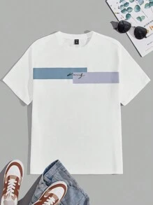 Manfinity VCAY Plus Size Men Contrast Color Letter Print Casual Short Sleeve T-Shirt - White - View 1