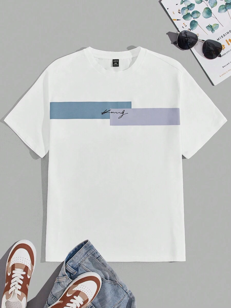 Manfinity VCAY Plus Size Men Contrast Color Letter Print Casual Short Sleeve T-Shirt - White - View 1