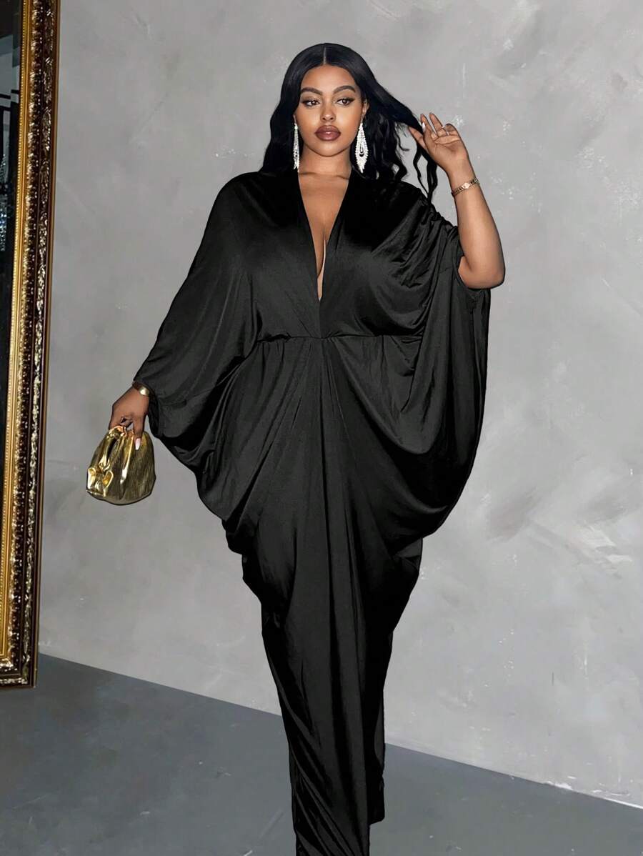 Maweii 大码纯色简约时尚休闲日常连衣裙 - 黑色 - 查看 1