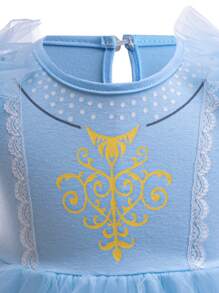 Glamorique Kids Baby Girl Dress,Snowflake Print Knit & Mesh Light Blue,Summer,Casual,Party,Prom Holiday Dress With Lace Trim & Puff Sleeves - Blue - View 6