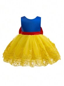Glamorique Kids Baby Girl Tulle Princess Dress, Sleeveless Red Yellow Blue Layered Tulle Hemline, 3D Embroidered Lace Edge, Birthday Party Wedding Holiday Performance Costume, Backless Deep V Bowknot Design - Yellow - View 4