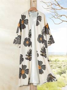 Rusticease Spring/Summer Vacation Outfits Woman Tropical Print Cuffed Long Cardigan - Multicolor - View 1