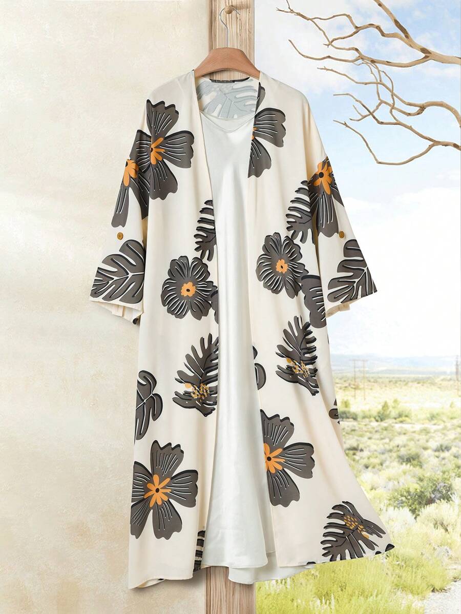 Rusticease Spring/Summer Vacation Outfits Woman Tropical Print Cuffed Long Cardigan - Multicolor - View 1