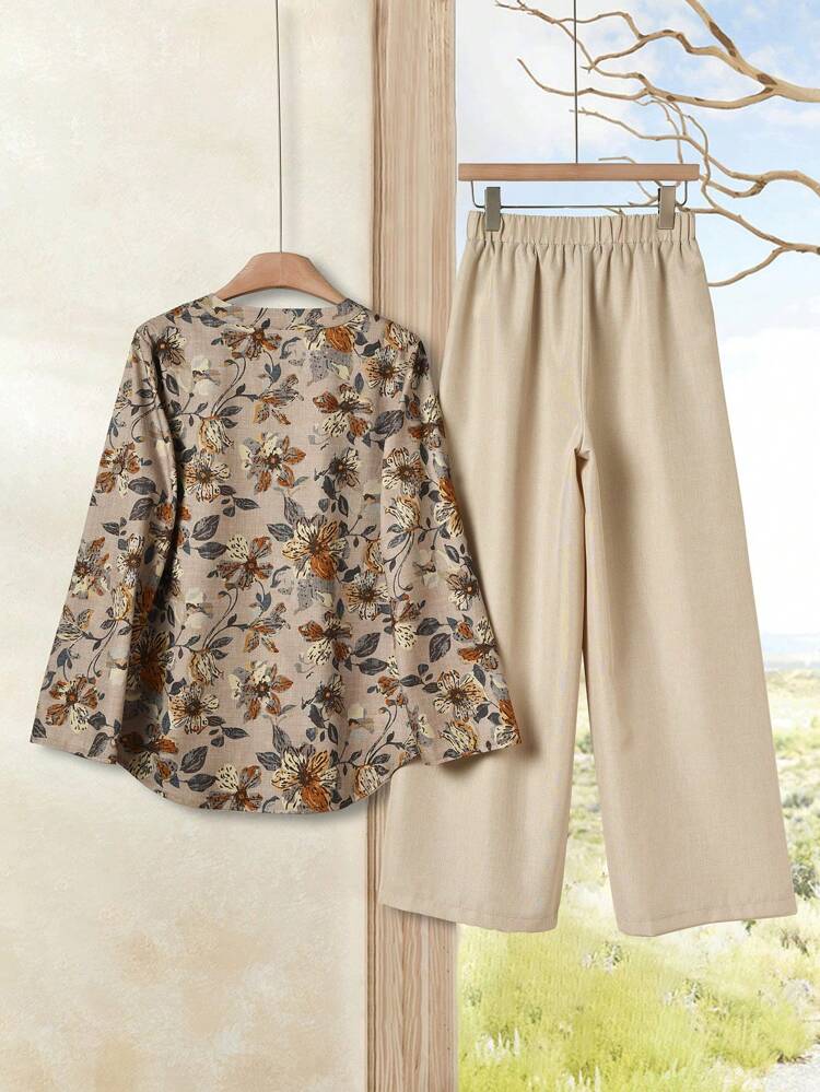 2pcs/Set Women Holiday Casual Floral Print Shirt And Pants,Summer Sets Women's Holiday Contrast Print Elegant Casual Loose Top Wide Leg Pants Set Tube Top And Pants Set Women's Summer Dress Women's Two Pieces Suit Holiday Dress Women's Holiday Two Pieces Suit Bohemian Style Women's Dress