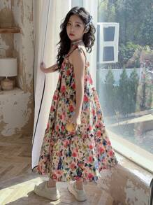 Dazy Kids Tween Girl Sleeveless Flower Print Simple Casual Dress Floral,Girls Summer Outfits,Back To School Clothes Vacation Easter - Red - View 4