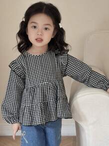 DAZY 女童圆领格子长袖梭织衬衫（儿童尺码） - 黑與白 - 查看 4
