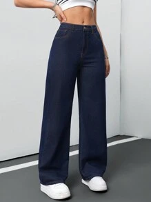 SHEIN Tall CURVE 女士加大码深蓝色宽松牛仔阔腿裤夏季 7 月 4 日女士 7 月 4 日工作机场度假俱乐部高腰牛仔裤复古