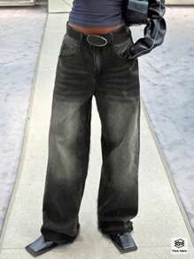 European And American Street New Spring And Autumn Loose Casual Slim Mid-Waist Straight Pants Women's Jeans - Xám - Xem 4