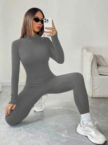 Chiquease Mono de una pieza con cremallera delantera, manga larga, pantalones tipo leggings para otoño/invierno. Mono con forro térmico y pantalones de compresión para hacer ejercicio y uso casual