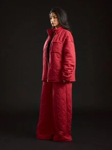 SUMWON WOMEN 绗缝羽绒夹克风格运动衫冬季外套拉链家居服舒适休闲运动休闲街头装加厚衣柜必备 - 紅色 - 查看 7
