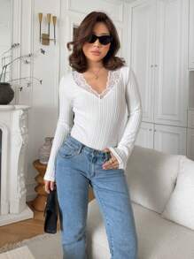 SHEIN Frenchy Contrast Lace Trimmed Trim Ribbed Knit V Neck Tights Bodysuit Winter White - White - View 1