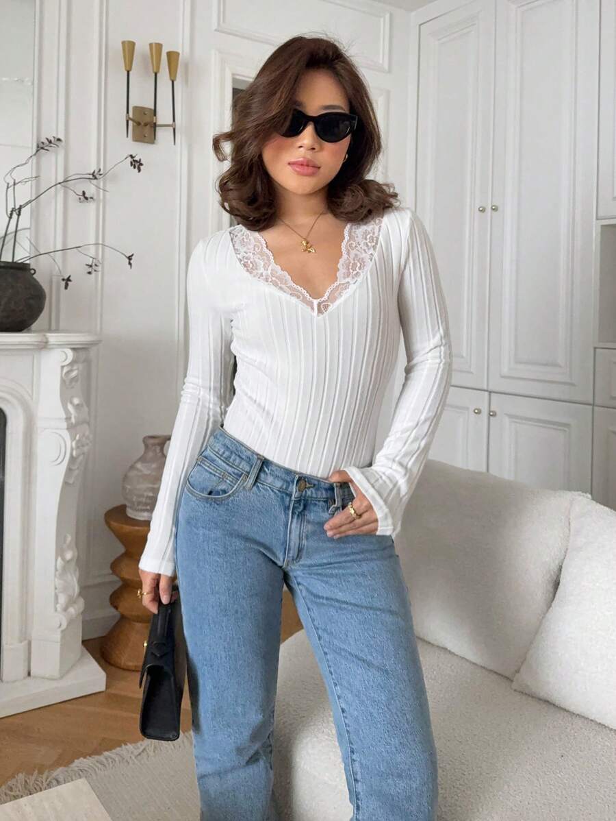 SHEIN Frenchy Contrast Lace Trimmed Trim Ribbed Knit V Neck Tights Bodysuit Winter White - White - View 1