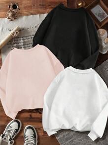 SHEIN Leap Crew 3pcs Tween Girls Retro Letter Print Tween Girls Casual Loose Fit Thermal Lined Crew Neck Sweatshirt, Suitable For Autumn/Winter - Multicolor - View 2