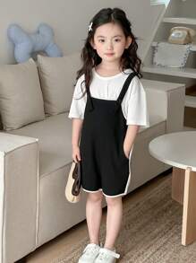 DAZY 小女孩宽腿宽松修身连体裤，带边缘设计和口袋，女孩夏季服装