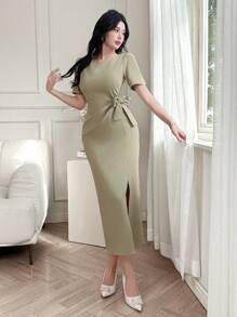 xheDAZY Vestido maxi de verano para mujer con lazo decorativo y pliegues con abertura frontalxhe - Verde - Ver 4