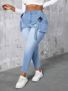 SHEIN SXY Plus Size Mid-Waist Stretch Denim Skinny Pants With Pockets - Light Wash - View 3