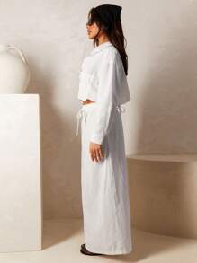 Athîral 2pcs/Set Women White Linen Look Crop Shirt And Tie Waist Maxi Skirt Set