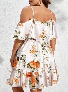 SHEIN VCAY Plus Size Women Boho Floral Print Cold Shoulder Ruffle Trim Casual Dress For Vacation, For Summer - Orange - View 2