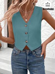 SHEIN LUNE Women's Solid Color Front Button Sleeveless Simple Vest, Casual Daily Wear - Baby Blue - View 3