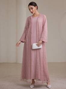 Graceveil 2 件套穆斯林女士传统伊斯兰服饰套装 - 长袍和蕾丝外层 - 粉色 - 查看 3