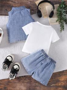 SHEIN 2 Stücke Baby Jungen Sets, Frühling & Herbst Denim 3-teiliger Outfit - Modische Weste mit Kragen, weißes Kurzarm T-Shirt und Shorts. Geeignet für Outdoor-Spiel, lässige Freizeitkleidung, Urlaub, Geburtstagsfeiern und Familienzusammenkünfte. Bequemer, strapazierfähiger Kleinkind und Unisex Sommer Outfit