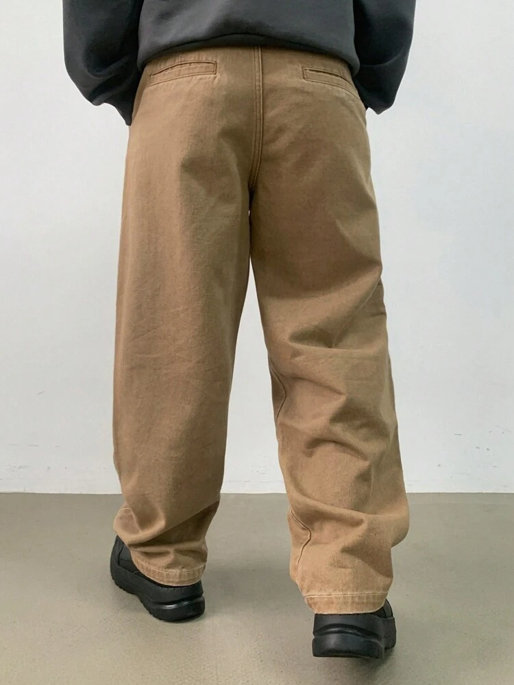 Men's Khaki Straight Loose Casual Jeans With Pockets, Suitable For Autumn