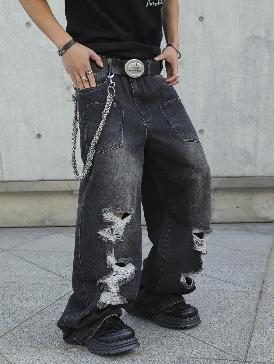 Manfinity EMRG Quần Jeans Denim Rộng Rãi Thường Ngày Cho Nam - màu đen - Xem 1