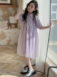 DAZY Tween Girl Summer Short Sleeve Mesh Trim Collared Dress