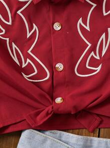 SHEIN 2025 Spring & Summer New Arrival, Western Totem Embroidery With Twist Tie Design Burgundy Blouse, Fashionable & Versatile For Daily Activities, Outings And Social Events - Rose Red - View 6