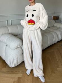 DAZY Plush Cute Emoticon Pattern Warm Pajama Set For Winter - White - View 8