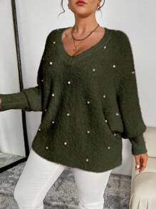 Celure Plus Size Women's Embellished Batwing Sleeve Loose Knitted Pullover Sweater, Casual For Autumn/Winter