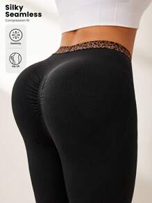 SHEIN Rhythm Era Plus Size Women Seamless Leopard Print Waist Spliced Sports Leggings - Black - View 1