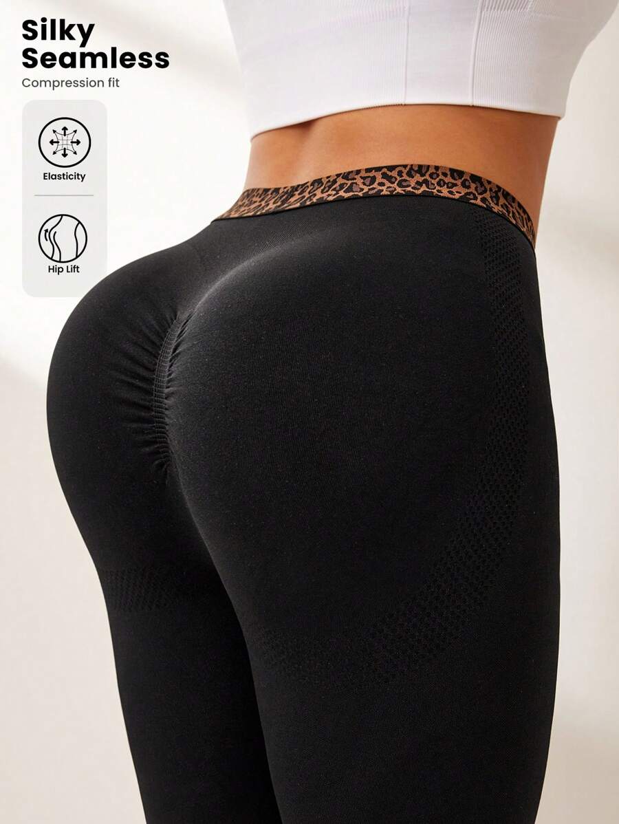 SHEIN Rhythm Era Plus Size Women Seamless Leopard Print Waist Spliced Sports Leggings - Black - View 1