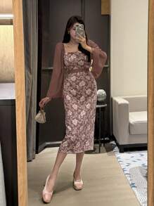 DAZY 女士优雅花卉提花方领长袖中长连衣裙，适合春秋季场合，复活节正式女士礼服 - 粉色 - 查看 6