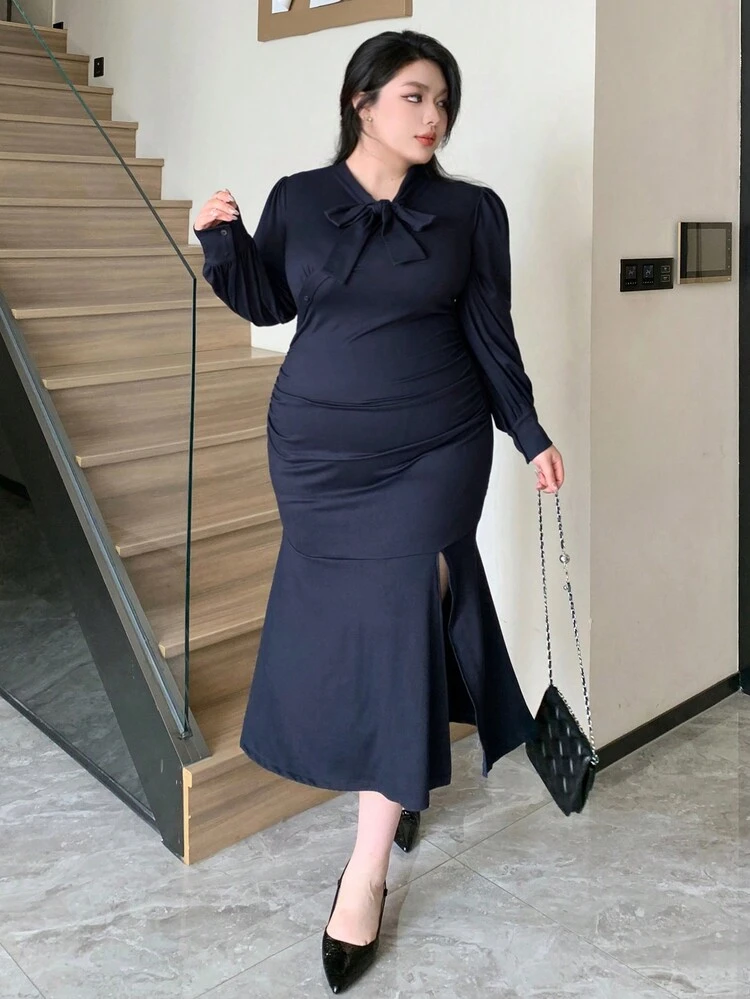 Dazy Plus Plus Size Loose Tie-Neck Solid Form-Fitting Side Slit Mid-Calf Elegant Dress, Spring/Summer/Autumn Long Sleeve Dress Maxi Dress