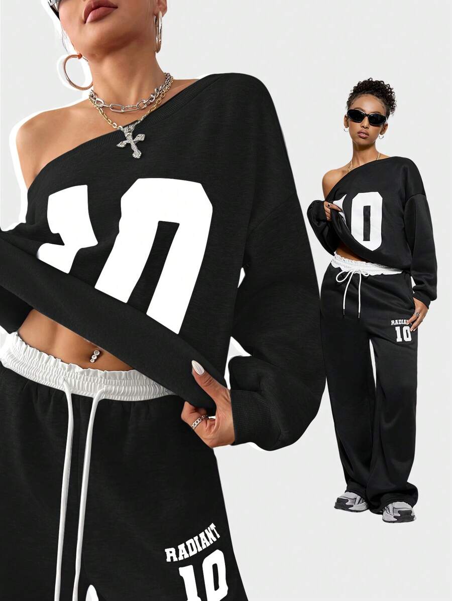 Coolane 女孩冬季 Y2K 学院风日常穿着数字印花保暖不对称领口长袖运动衫和白色松紧腰带阔腿运动裤