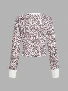 SHEIN Maglietta a maniche lunghe asimmetrica con stampa leopardata, slim fit, adatta per ragazze adolescenti in primavera/estate, per mamma e figlia - Multicolore - Visualizzare 4