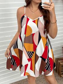 SHEIN LUNE Plus Size Colorful Geometric Pattern A-Line Slip Dress, For Summer - Red - View 2