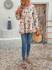 EMERY ROSE 女士花卉印花荷叶边下摆宽松圆领长袖衬衫，度假