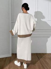 EURMUSE Women Round Neck Drop Shoulder Pullover & Sweater Skirt Set - Multicolor - View 4