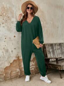 Women Casual Ribbed V-Neck Drop Shoulder Pocket Long Sleeve Plus Size Jumpsuit, Spring Autumn Loose