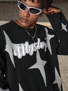 Manfinity EMRG Gebreide herensweater met letter- en sterrenprint, ronde hals en lange mouwen