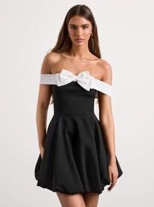 Glamine Vestido con lazo en la cintura, escote asimétrico y contraste de color, top tubo negro de primera calidad, falda tutú - Negro - Ver 5