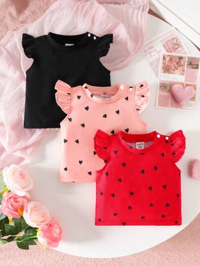 SHEIN 3pac/Set New Born Summer&Autumn Casual Style,Heart Shape Patternsleeveless Top