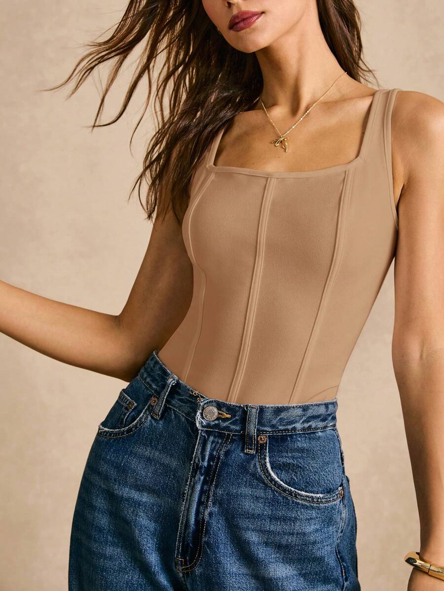 Poéselle Solid Square Neck Wide Strap Top - Camel - View 1
