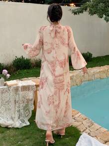 DAZY Bata de mujer de manga farol con estampado floral de gasa, para vacaciones, de primavera/verano